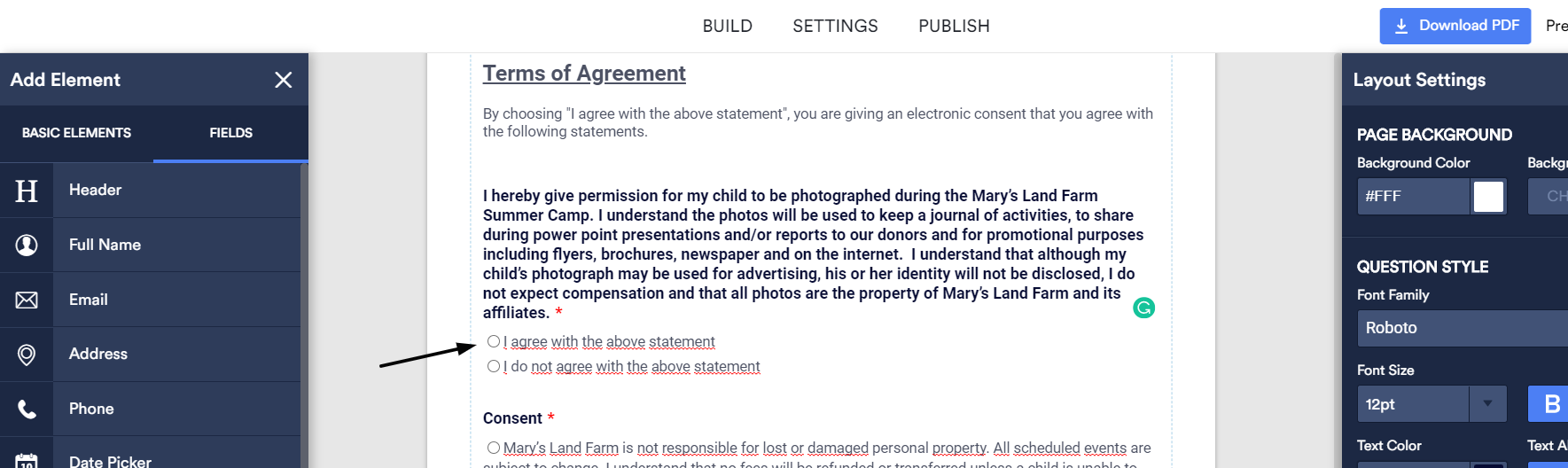 Radio buttons for yes or no questions